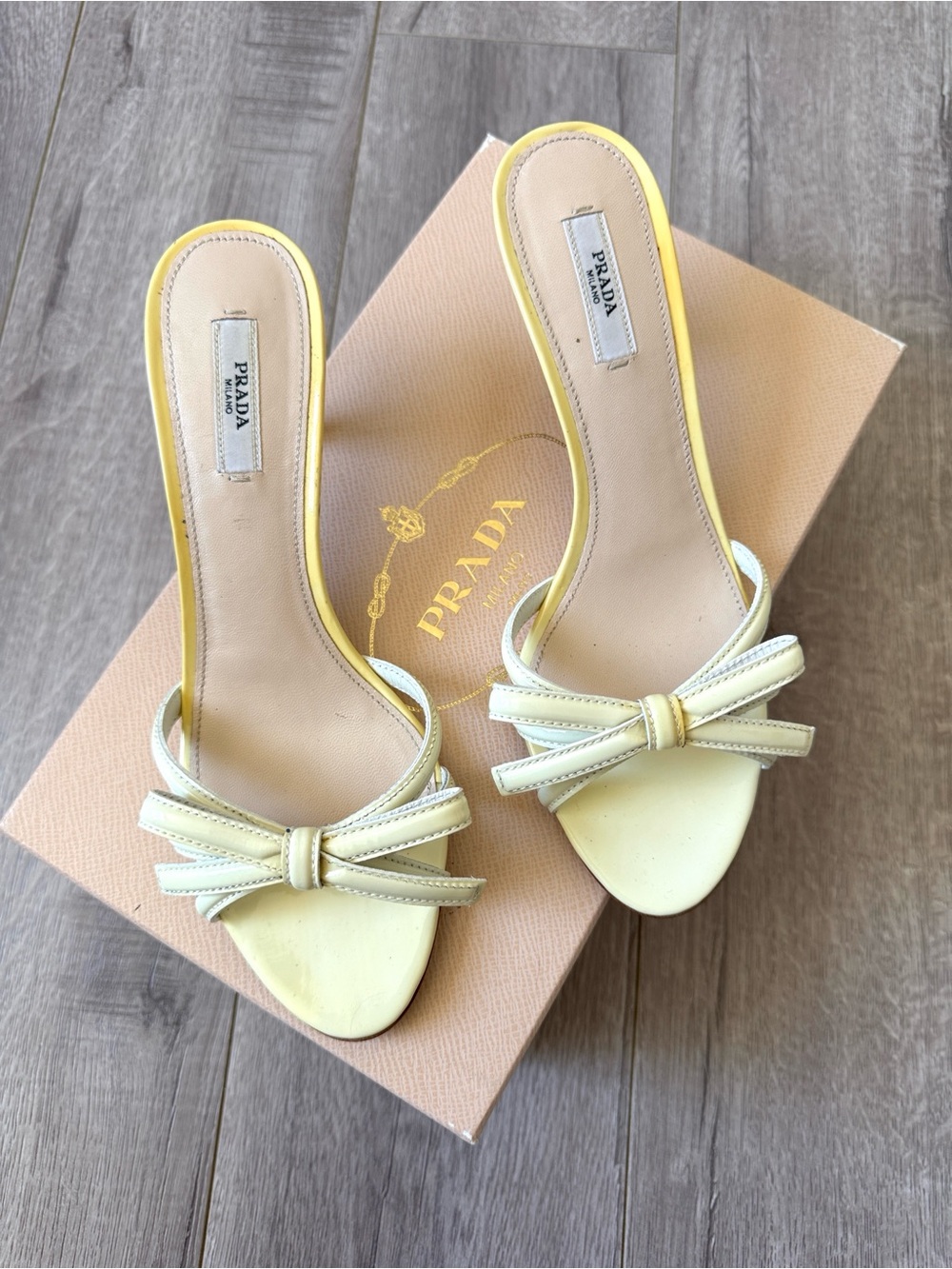 Prada Y2K Butter Yellow Patent Leather Bow Kitten Heel Sandals 37.5 Coquette - Picture 1 of 10
